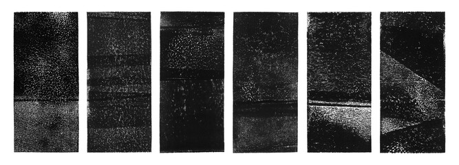Poster - Linocut, relief printing rectangle shapes, wide stripes rough textures set. Paint roller stains, lino ink grungy geometric figure. Black, white artistic linocutting textured backgrounds, text frames.