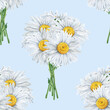 Seamless pattern of watercolour chamomile flowers bouquet. Hand drawn illustration. Botanical hand painted floral elements on light blue background. For print decoration, fabric, wrapping, wallpaper