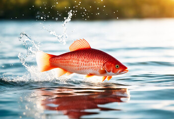 Wall Mural - 'jumping fish red goldfish water splash business teamwork meeting gold pet bubble fishbowl friendship jump splashing happiness immigration escape family freedom vacation glasses liquid move motion'