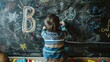 Back view of elementary school boy writing on black board with chalk