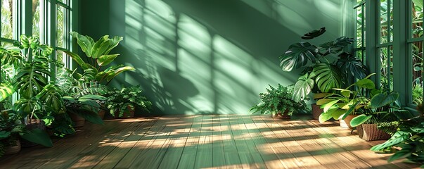 Canvas Print - Mock up room with green coloured walls and plants, Template, Background 