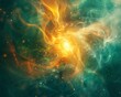 An abstract background featuring a central burst of light in a warm, golden hue, surrounded by soft, swirling shapes in cool blues and greens 