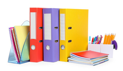 Wall Mural - Bright office folders and different stationery isolated on white