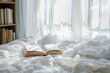 open book lying on bed with white linen morning light through the window curtains