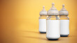 Glass baby bottles with milk isolated on yellow background. 3D illustration
