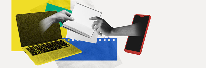 Human hands sticking out laptop and phone screens and exchanging notebook. Contemporary art. Platforms for online courses with tutors. Online education, e-learning, technologies and innovations