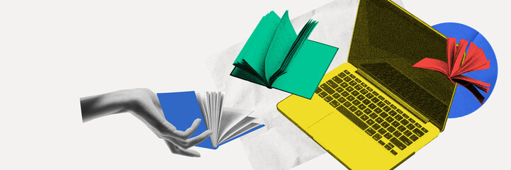 Hand with book next to laptop. Access to online courses and libraries. Conceptual art. Combination of textbook and video learning. Online education, e-learning, modern technologies and innovations