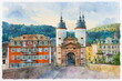Gate of the Karl-Theodor-Bridge (Old Bridge) in Heidelberg, Germany. Watercolor painting.