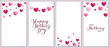 Mother's day vertical banners. Template for social media. Pink paper hearts decoration. Mothers day calligraphy. Love frame, border. String ornaments on white background. Vector.