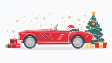 Vintage Red Cabriolet With Santa Claus Christmas Tree