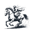 The arabian man with horse. Black white vector illustration.