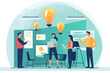 © James - Business graphic vector modern style illustration of a business person in a workplace environment having lightbulb moment bright ideas collaborate work together brainstorming solution successful