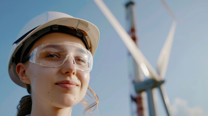 Canvas Print - a young female engineer in a hard hat and safety glasses, standing in front of a wind turbine