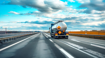 A massive tanker truck carrying petroleum products barrels down the highway, delivering fuel to meet industrial demands