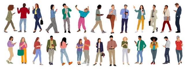 Wall Mural - Set of different people using gadgets. Business men and women holding smartphones and tablet, texting, talking, watching news. Group of male, female cartoon characters Vector realistic illustrations.