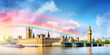 House of Parliament and Big Ben in London along river Thames with beautiful rainbow in the background 