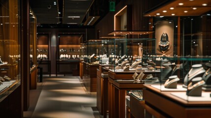 A large room with many glass display cases of jewelry