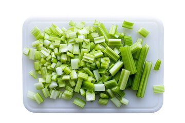 Wall Mural - Chopped Celery on Cutting Board on White Background
