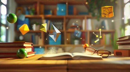 Wall Mural - a vibrant and surreal study scene with a wooden desk scattered with colorful geometric objects floating in mid-air.