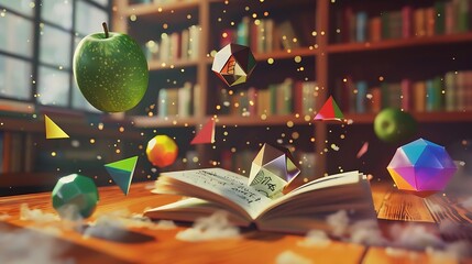 Wall Mural - a vibrant and surreal study scene with a wooden desk scattered with colorful geometric objects floating in mid-air.