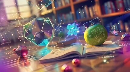 Wall Mural - a vibrant and surreal study scene with a wooden desk scattered with colorful geometric objects floating in mid-air.