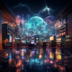 Wall Mural - Futuristic city at night with neon lights. 3D rendering