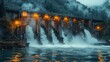 A hydroelectric dam with water flowing over it at night.