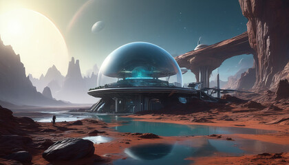 Wall Mural - Futuristic dome structure on an alien planet, Generative AI.