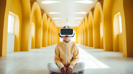 Wall Mural - student sits at a desk wearing virtual reality glasses. School of the Future. 