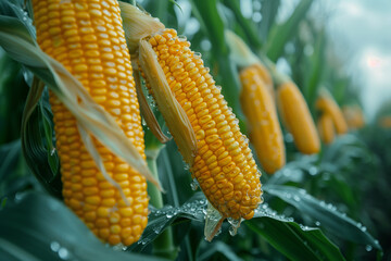 Corn cobs on corn plantation field background