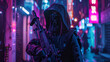 A cybergoth with a futuristic weapon patrols a dark alley illuminated by neon lights. Wallpaper.