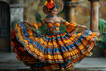 Poster - beautiful Mexican woman in a traditional dress dancing.