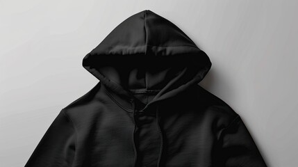 The image is a black pullover hoodie sweatshirt with the hood pulled up.