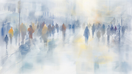 Wall Mural - watercolor urban style crowd of people blurred background in gray and light blue November, December seasonal poster