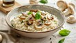 Artistic representation of risotto flavored with fine mushrooms, a quintessence of Italian comfort food, on an elegant isolated backdrop, studio lighting