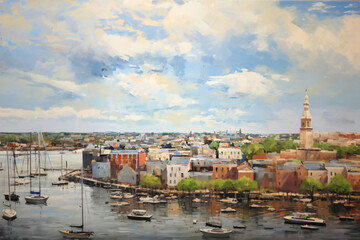 Wall Mural - Above view oil painting of a seaside cityscape with big clouds.