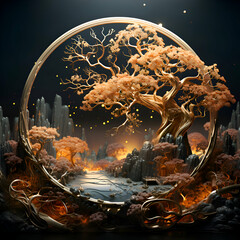 Wall Mural - 3d illustration of fantasy landscape with golden tree. moon and stars