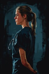 Wall Mural - A woman in a blue shirt with stethoscope looking up, AI