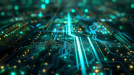 Futuristic view of a green lit circuit board with glowing lines and central processor