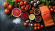 healthy food ingredient fresh and raw flat lay on table, salmon, salt, lemon, tomato, Generative Ai