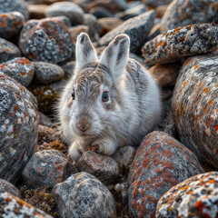Wall Mural - Arctic hare (Lepus arcticus) feeding among rocks faces camera; Arviat, Nunavut, Canada, 8k
