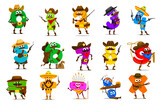 Fototapeta  - Cartoon cowboy and sheriff, native american math number characters. Vector zero, one and two, three and four, five, six or seven, eight and nine. Plus, minus with division, equal, multiplication signs