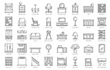 Fototapeta  - Furniture icons, home interior. House interior item, apartment modern furniture thin line vector pictograms or outline symbols with couch, dresser, bookshelf and desk, lamp, wardrobe, coffee table