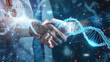 © Hash Graphix - Medical and Business Technology Concept, Close up of a businessman and doctor shaking hand in hospital, with analysis Triangle lines and DNA data, generative ai