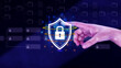 Computer network protection, secure and safe your data concept, businessman holding shield protection icon, Security shield Lock Security Business Protect Concept.