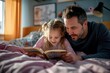 Father and smiling daughter enjoy reading time together, with sunlight filtering in. AI-generated