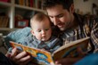 Father and baby enjoying a colorful storybook together in a cozy home environment. AI-generated
