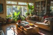 Inviting living room with houseplants and books basking in natural sunlight, homey feel. AI-generated