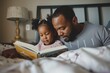 Father and young daughter reading a book in a bedroom, a shared learning experience. AI-generated