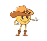Fototapeta  - Cartoon Western cowboy smile groovy character. Retro funny emoticon vector personage of Wild West Texas bandit with cowboy hat and boots chewing toothpick. Yellow cowboy smile emoji showing finger gun